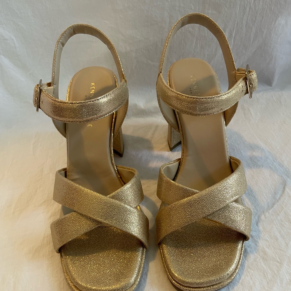 Kenneth Cole Gold Heels with Ankle Strap and Modern Design